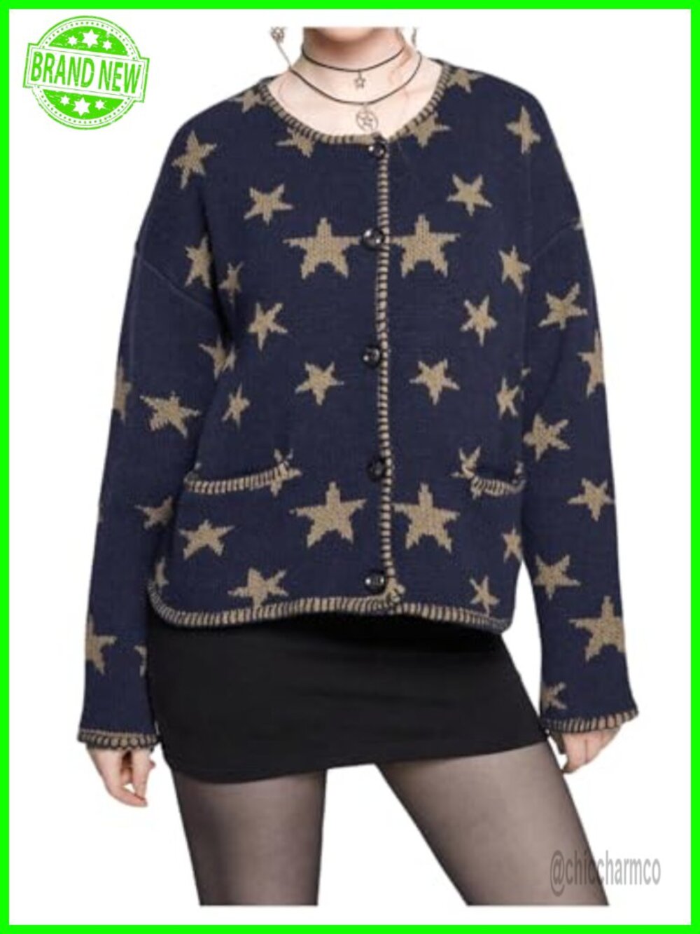 Women's Star Sweater Cardigan Button Up Chunky Oversized Long Sleeve Crew Neck
